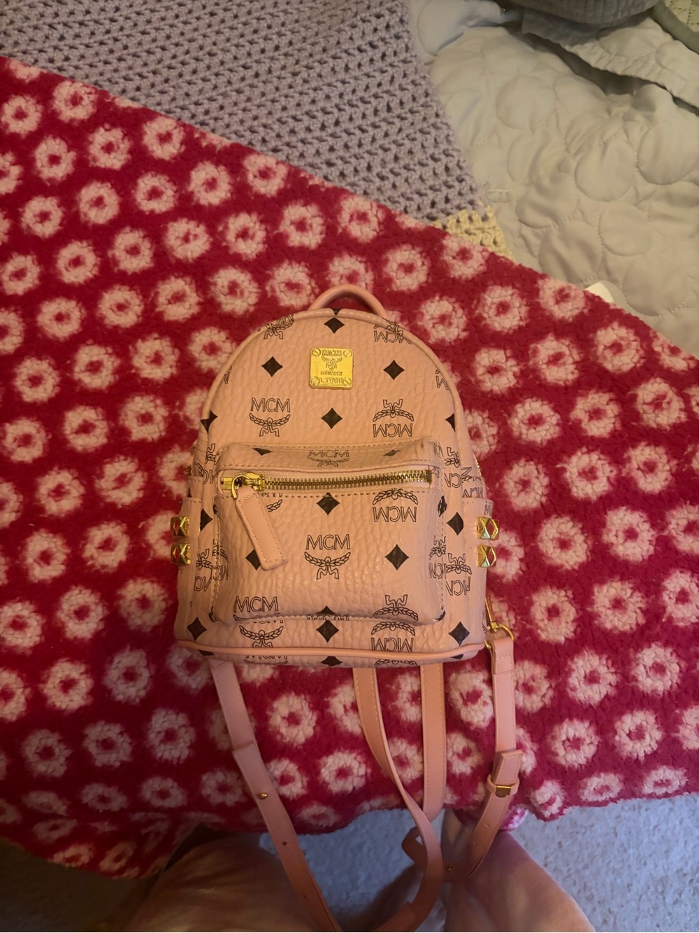 MCM Pink Logo Mini Backpack with Gold Hardware